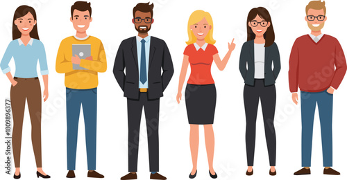 Diverse group of business professionals standing together in office attire, showcasing teamwork, inclusion, and corporate collaboration