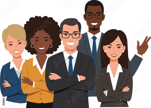 Diverse group of business professionals posing together in office setting, showcasing teamwork, inclusion, and corporate culture