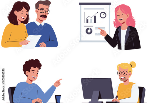 Four illustrated office scenes showing teamwork, data presentation, collaboration, and computer work in a modern professional environment