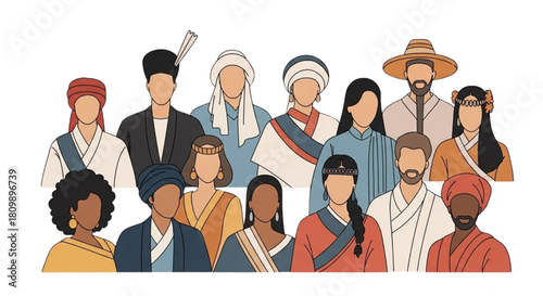 Faceless Diverse Cultures Portrait Set – Global Traditional Clothing Vector Illustration