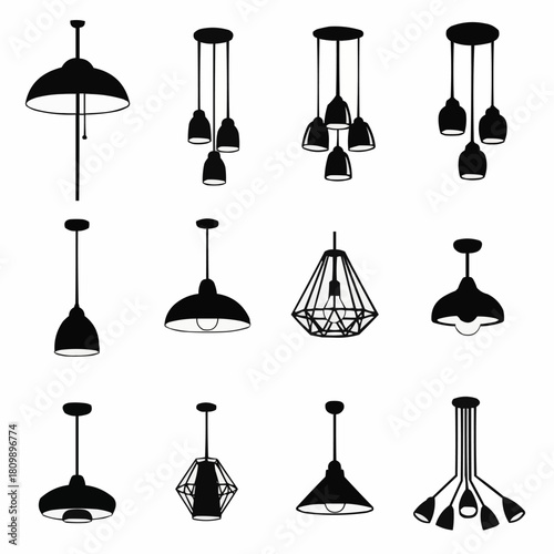 Vector set of black silhouette modern ceiling lamp icons.