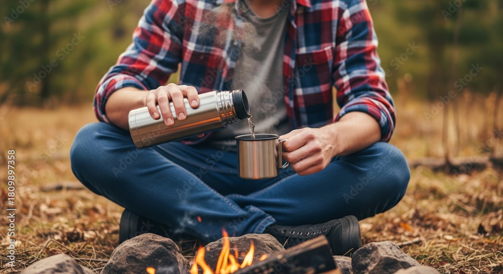 Fototapeta premium Close up outdoor camping scene of man in plaid flannel shirt and jeans pouring steaming tea from thermos into rustic metal mug beside fire, forest background with warm glow, fall autumn picnic