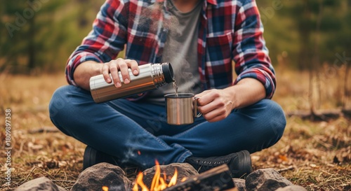 Close up outdoor camping scene of man in plaid flannel shirt and jeans pouring steaming tea from thermos into rustic metal mug beside fire, forest background with warm glow, fall autumn picnic