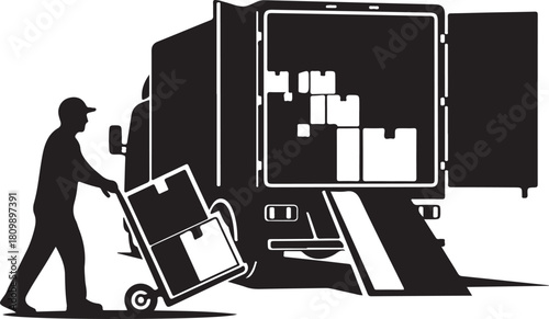 Delivery worker unloading truck with boxes professional moving services concept