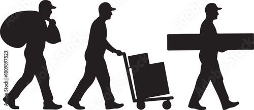 Delivery workers silhouettes carrying parcels and boxes 