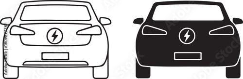 Electric Vehicle Front View Outline and Solid Design Illustration Set