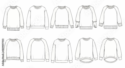 Collection of various sweatshirt designs in a fashion illustration style.