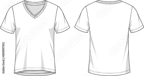 White men's V-neck t-shirt vector illustration, technical fashion flat sketch, front and back views, short sleeves, curved hem, apparel design template, clothing mockup