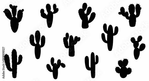 Collection of various black cactus silhouettes on a white background.