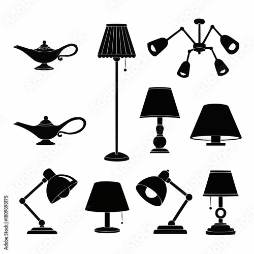 Collection of Lamp Silhouettes - Floor, Table, and Aladdin Lamps.