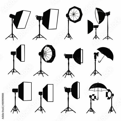 Collection of photography studio lighting equipment silhouettes.