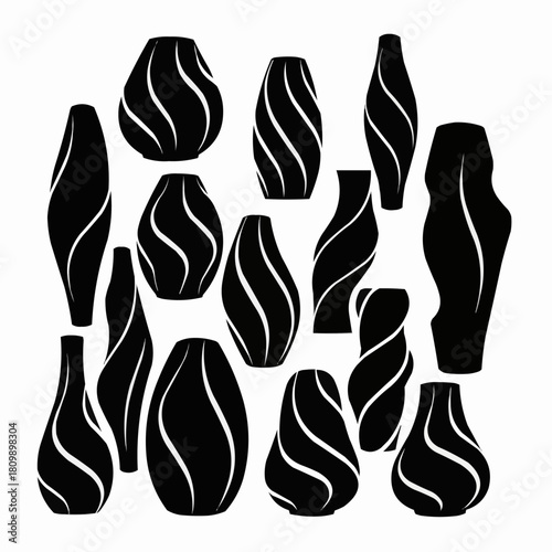 Collection of Abstract Black and White Vases with Swirl Designs.