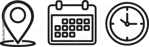 Location Date and Time Icons in Black and White Style Concept