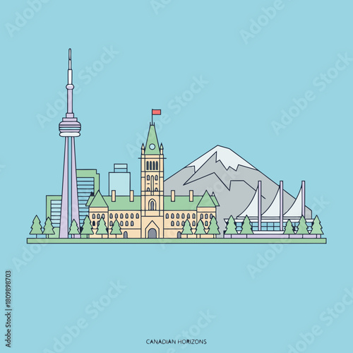 A minimalist illustration of iconic Canadian landmarks including the CN Tower, Parliament Building, and Vancouver Convention Centre against a light blue background.