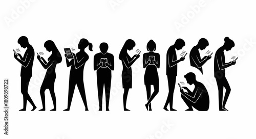 Silhouettes of people engrossed in their smartphones, illustrating modern digital addiction and connectivity.