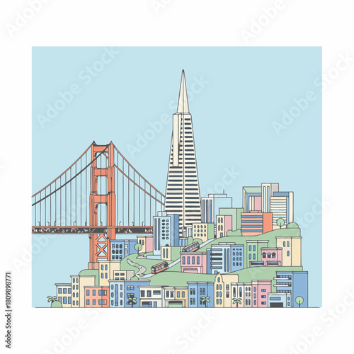 A stylized illustration of the iconic San Francisco skyline featuring the Golden Gate Bridge, Transamerica Pyramid, and colorful city buildings on rolling hills.
