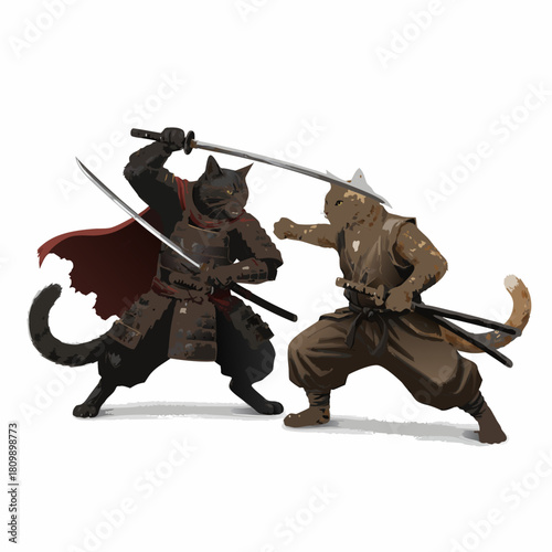 Two anthropomorphic cats, one a black samurai and the other a brown ninja, engaged in a dynamic sword fight with katanas.