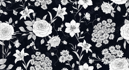 Elegant Floral Pattern with Roses and Lilies on Black Background.