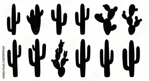 Collection of Silhouette Cactus Plants in Various Shapes and Sizes.
