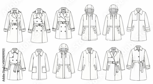 Collection of various womens trench coats and parkas fashion illustration.