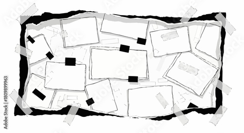 Hand drawn doodle collage of blank paper notes taped together.