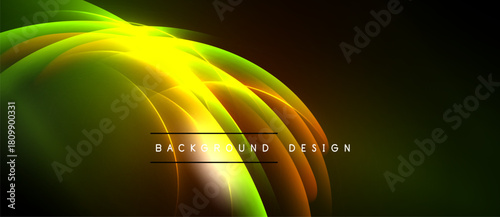 Abstract neon light shapes create dynamic background. Vivid colors blend, forming circular patterns. Dark space emphasizes bright illumination.