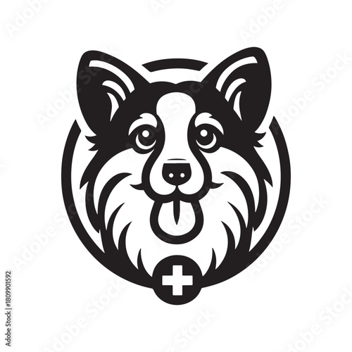Dog head with medical cross, stethoscope and pills on white background