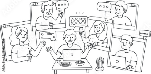 Line art illustration of people engaging in online communication, showcasing teamwork and social interaction through digital devices.