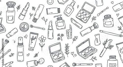 Hand-drawn vector pattern of beauty and cosmetics products including makeup items, skincare bottles, and brushes for design projects