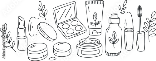 Minimalist line art vector illustration of beauty and skincare products for branding and design projects