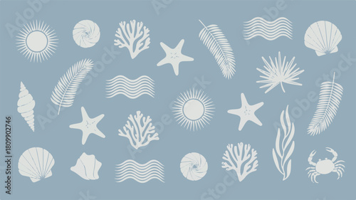 Beach And Ocean Themed Icons On Blue Background summer