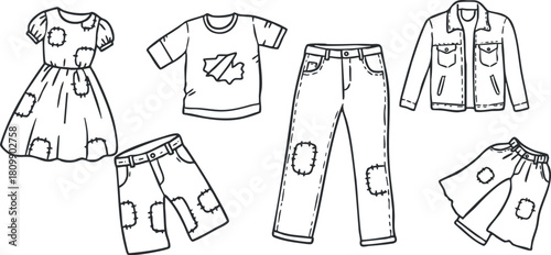 Sketch style vector illustration of children's clothing collection featuring dresses, pants, and jackets for fashion design projects