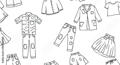 Outline vector pattern featuring various clothing items like shirts, skirts, and pants for fashion design projects
