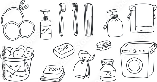 Outline vector illustration of hygiene and cleaning items including soap, toothbrushes, and laundry essentials for home and wellness design projects