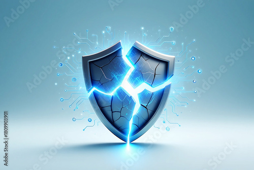 Broken Digital Shield with Glowing Blue Energy and Circuitry cracked security