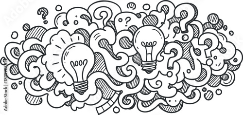 Playful doodle-style vector illustration featuring lightbulbs and question marks, ideal for creativity and brainstorming concepts