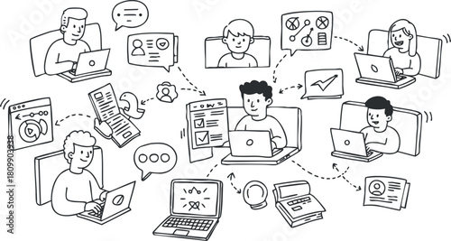Hand-drawn vector illustration showcasing remote team collaboration with laptops, communication tools, and digital interactions.