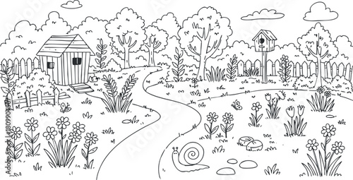 Whimsical black and white vector illustration of a peaceful garden scene with flowers, trees, and a winding path.