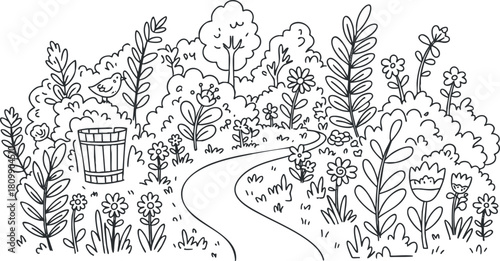 Whimsical hand-drawn vector illustration of a scenic garden path surrounded by lush bushes, flowers, and a bird