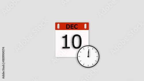December 10 date animation. Calendar and clock icon animation, on white background. Stunning 4k animation.