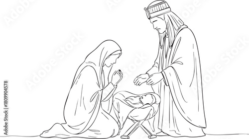 Illustrative nativity scene perfect for Christmas projects, showcasing Joseph and Mary adoring baby Jesus in a manger, evoking peace and love, ideal for holiday themes