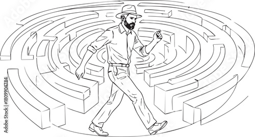 Determined explorer navigates intricate maze with confidence, showcasing leadership and problem-solving skills, perfect for illustrating business challenges and strategic thinking in presentations