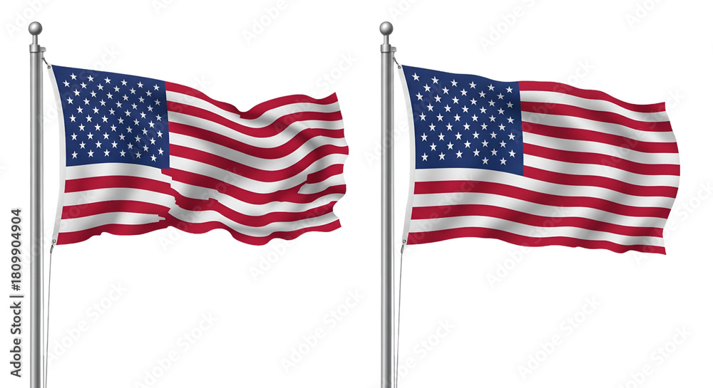 Fototapeta premium American Flags on Poles Waving, USA Patriotism and Independence Day