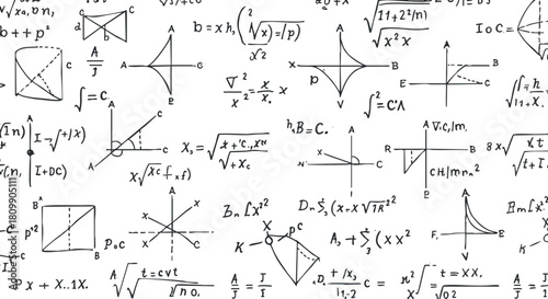 Abstract vector illustration featuring a collection of mathematical equations, symbols, and geometric shapes for educational and scientific contexts