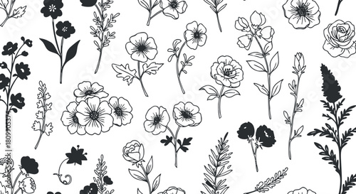 Hand-drawn black and white floral pattern featuring a variety of flowers and leaves for elegant design projects