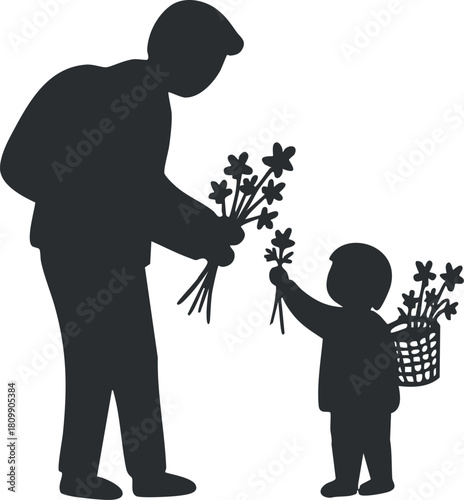 Silhouette vector illustration of a parent and child sharing flowers, perfect for family and nature-themed projects