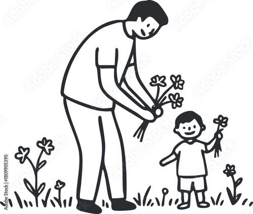 Minimalist line art illustration of a parent and child picking flowers together in a garden setting