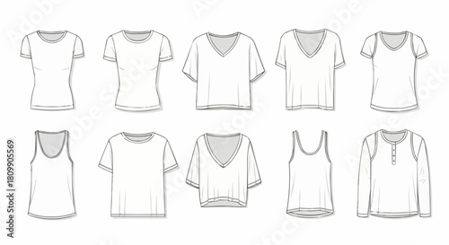 Collection of womens t-shirt and top fashion flat sketches.