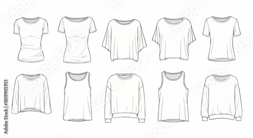 Collection of various blank white t shirts and tops for design.