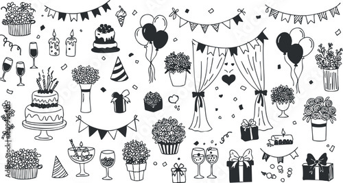 Playful black and white vector illustration of a festive party collection featuring balloons, cake, drinks, gifts, and decorations for celebrations.
